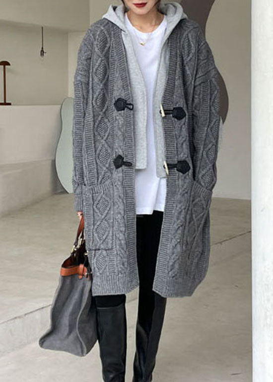 Grey Hooded Patchwork Knit Sweaters Winter Coat