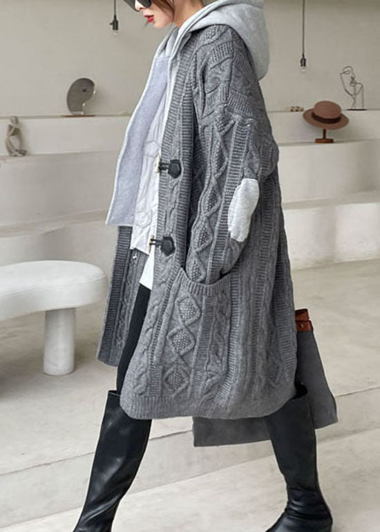Grey Hooded Patchwork Knit Sweaters Winter Coat
