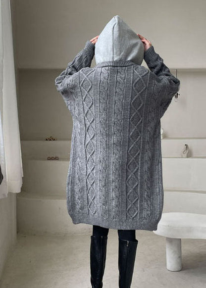 Grey Hooded Patchwork Knit Sweaters Winter Coat