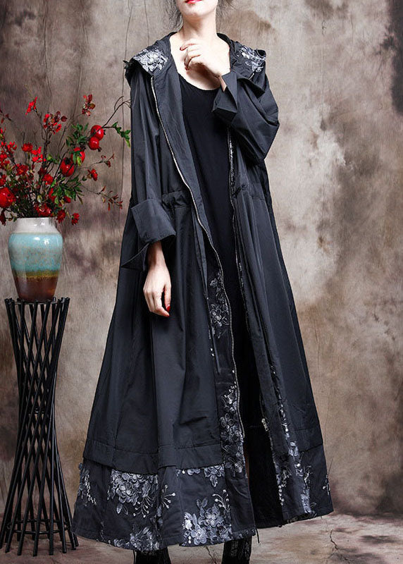 Black Hooded Patchwork Spring Trench Coats