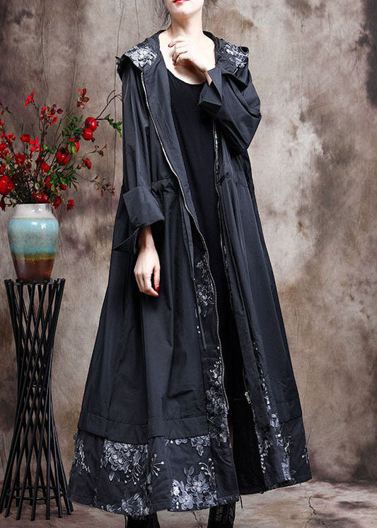 Black Hooded Patchwork Spring Trench Coats