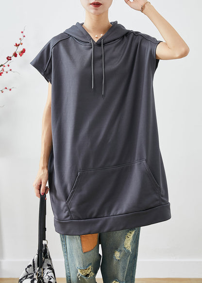 Grey Hooded Pockets Cotton Sweatshirts Tops Summer