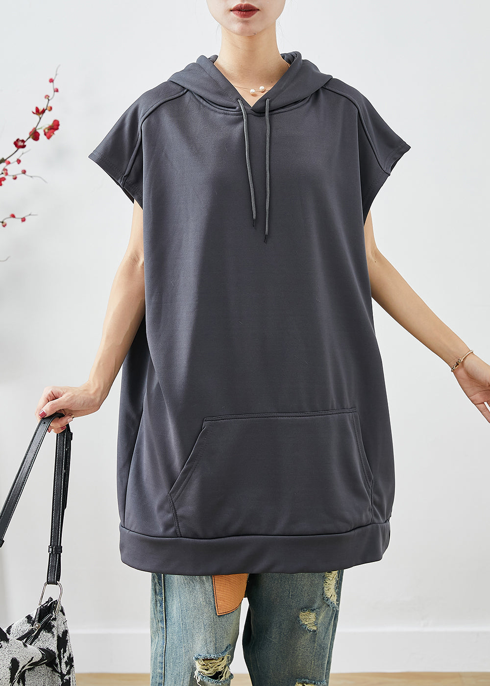 Grey Hooded Pockets Cotton Sweatshirts Tops Summer