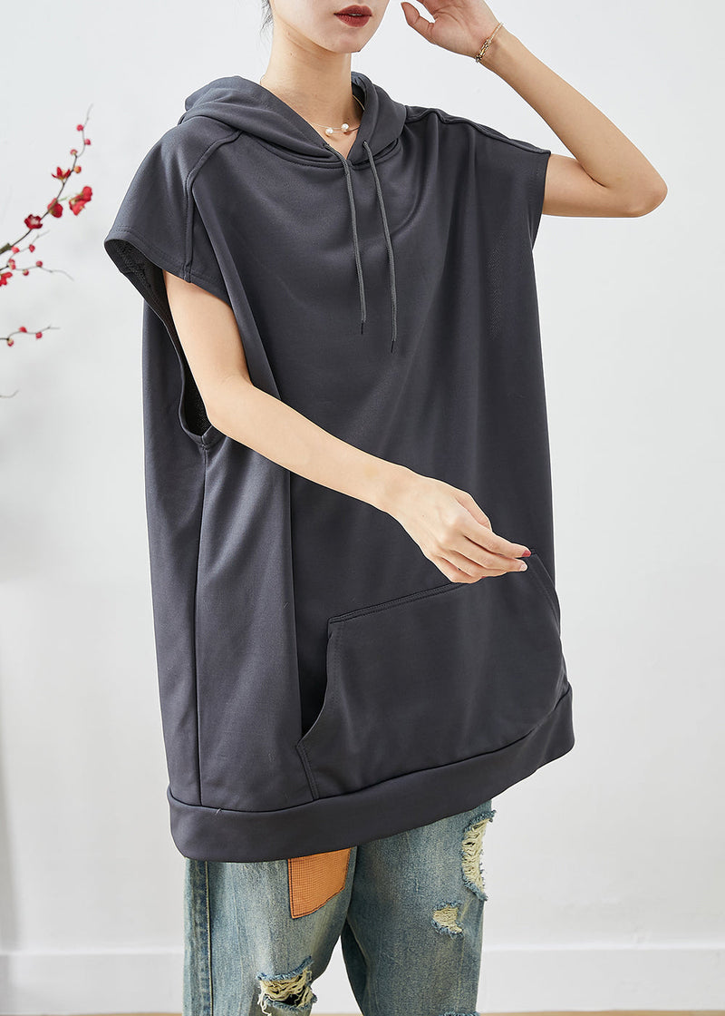 Grey Hooded Pockets Cotton Sweatshirts Tops Summer