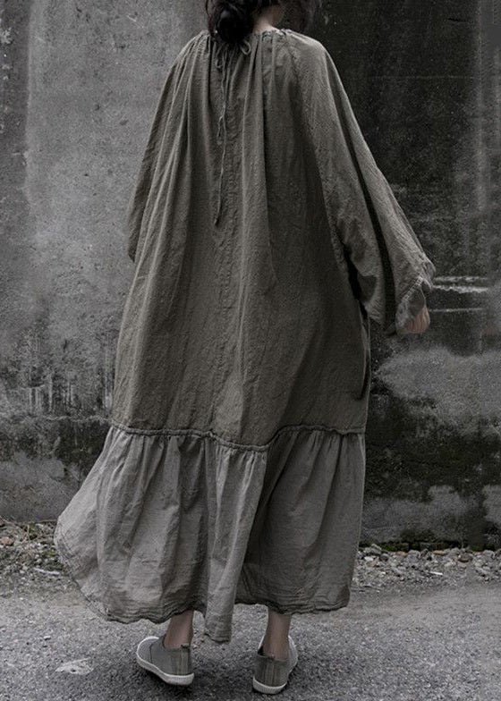 Grey Lace Up Wrinkled Patchwork Cotton Long Dresses Spring