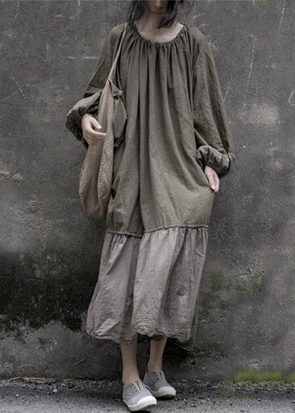 Grey Lace Up Wrinkled Patchwork Cotton Long Dresses Spring