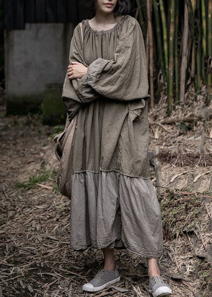 Grey Lace Up Wrinkled Patchwork Cotton Long Dresses Spring
