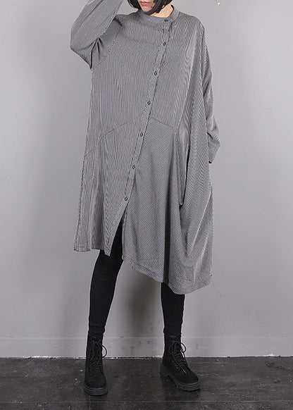 Grey O-neck Asymmetrical Striped Button Maxi Dress Fall
