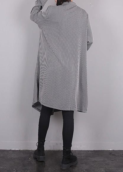 Grey O-neck Asymmetrical Striped Button Maxi Dress Fall