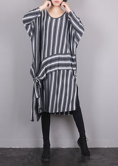 Grey O-neck Asymmetrical Striped Side Open Tie Waist Maxi Dress Fall
