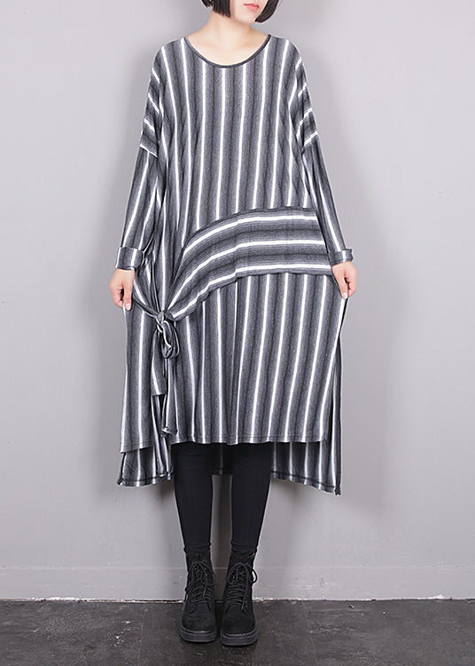 Grey O-neck Asymmetrical Striped Side Open Tie Waist Maxi Dress Fall