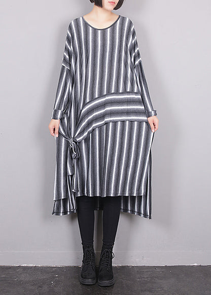 Grey O-neck Asymmetrical Striped Side Open Tie Waist Maxi Dress Fall