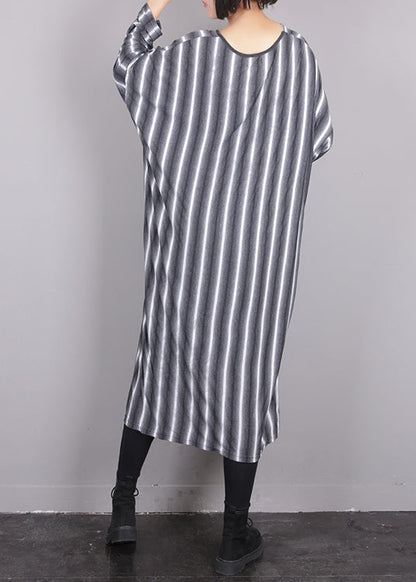 Grey O-neck Asymmetrical Striped Side Open Tie Waist Maxi Dress Fall