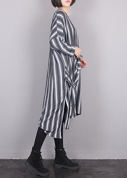 Grey O-neck Asymmetrical Striped Side Open Tie Waist Maxi Dress Fall