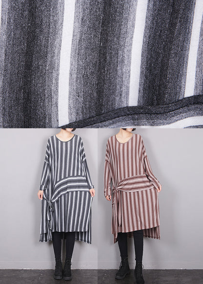 Grey O-neck Asymmetrical Striped Side Open Tie Waist Maxi Dress Fall