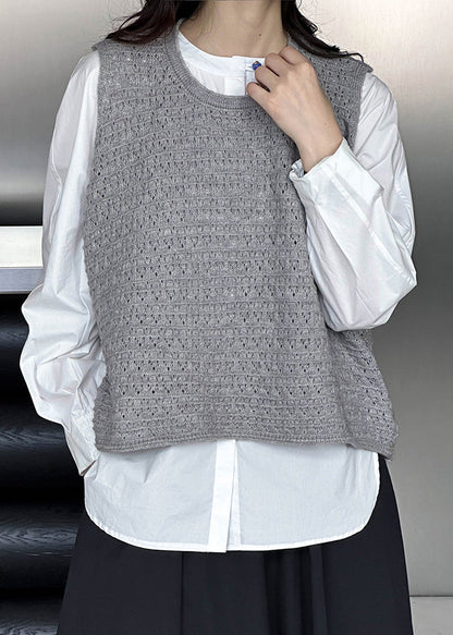 Grey O Neck Hollow Out Knit Vest Sleeveless