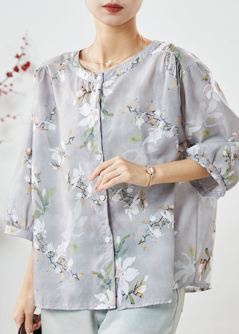 Grey O-neck Print Linen Blouses Half Sleeve