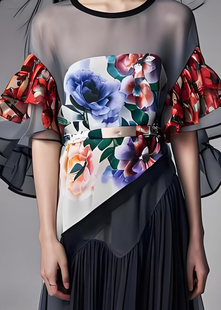 Grey O-neck Print Organza Patchwork Chiffon Dresses Butterfly Sleeve