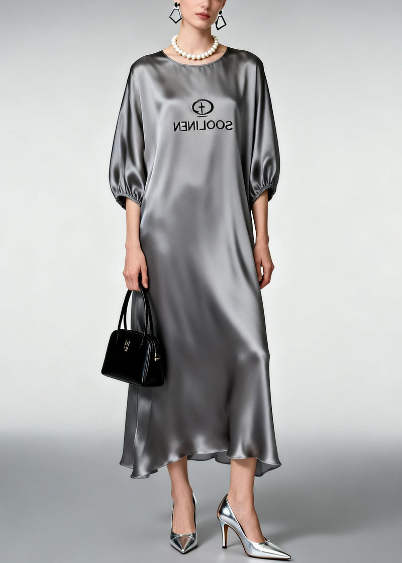 Grey O-neck Print Silk Ankle Dress Half Sleeve