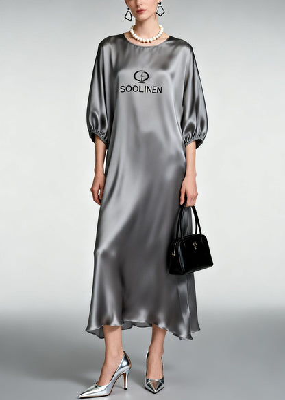 Grey O-neck Print Silk Ankle Dress Half Sleeve
