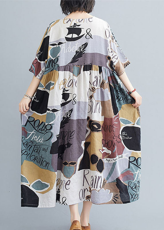 Grey O-neck Print Wrinkled Cotton Maxi Dresses Short Sleeve