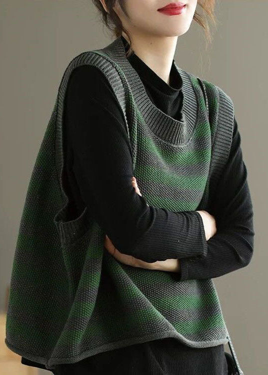 Grey O-neck Striped Knit Vest Spring