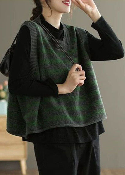 Grey O-neck Striped Knit Vest Spring