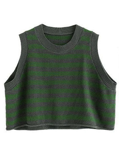 Grey O-neck Striped Knit Vest Spring