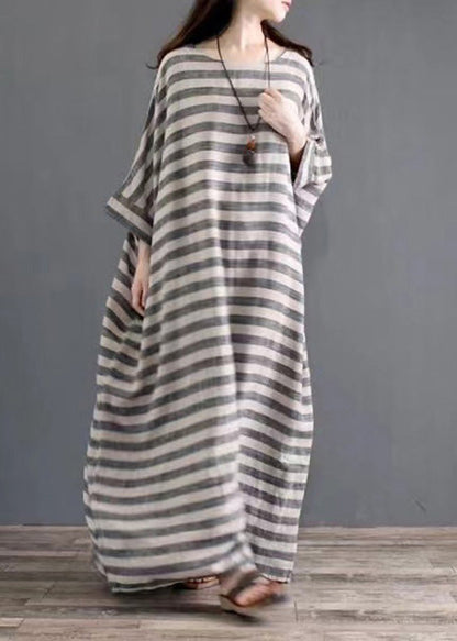 Grey O Neck Striped Pockets Patchwork Cotton Long Dresses Spring
