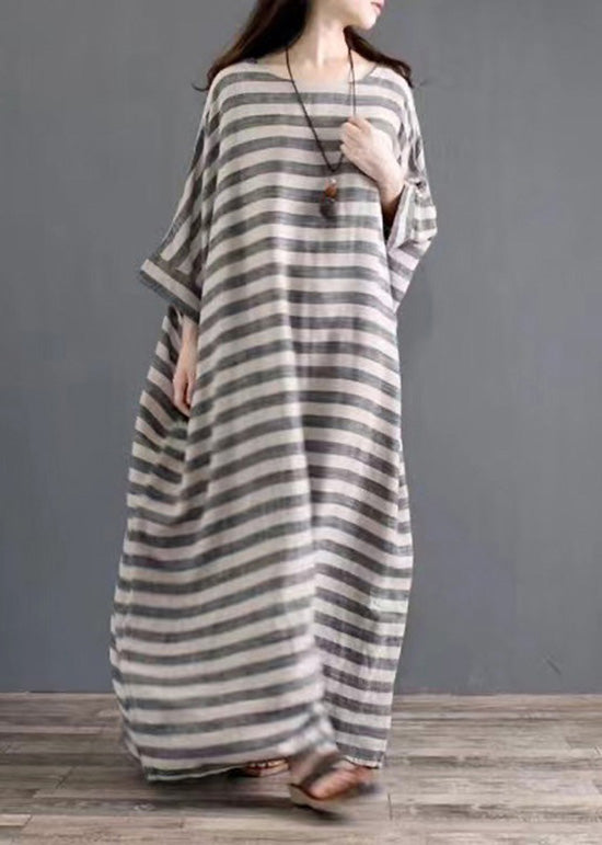 Grey O Neck Striped Pockets Patchwork Cotton Long Dresses Spring