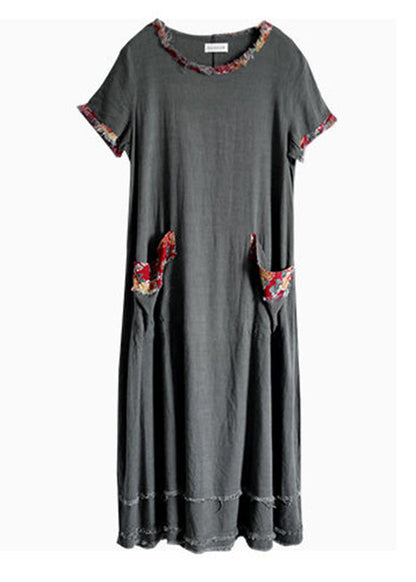 Grey O-neck Pocket Patchwork Linen Ankle Dress Short Sleeve