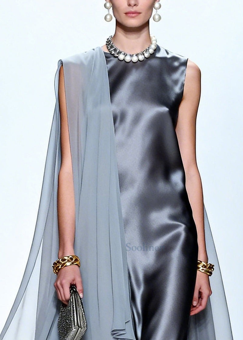 Grey Oversized Patchwork Chiffon Maxi Dress Summer