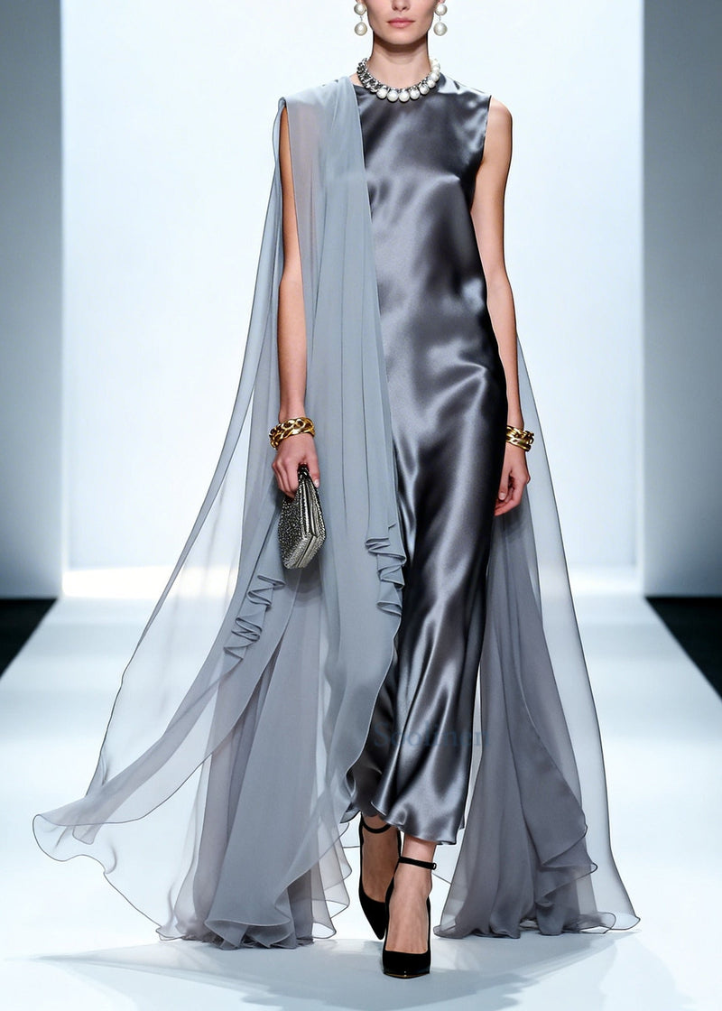 Grey Oversized Patchwork Chiffon Maxi Dress Summer