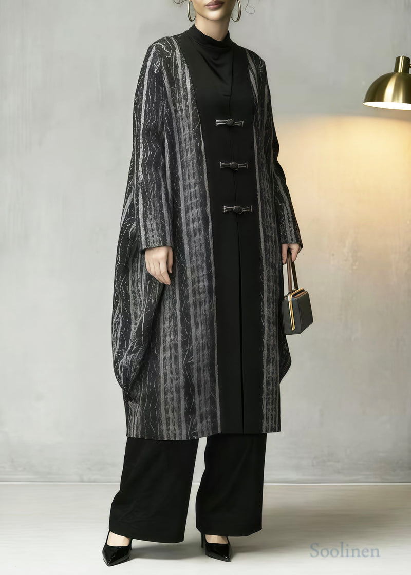 Grey Oversized Patchwork Chinese Button Cotton Coats Spring