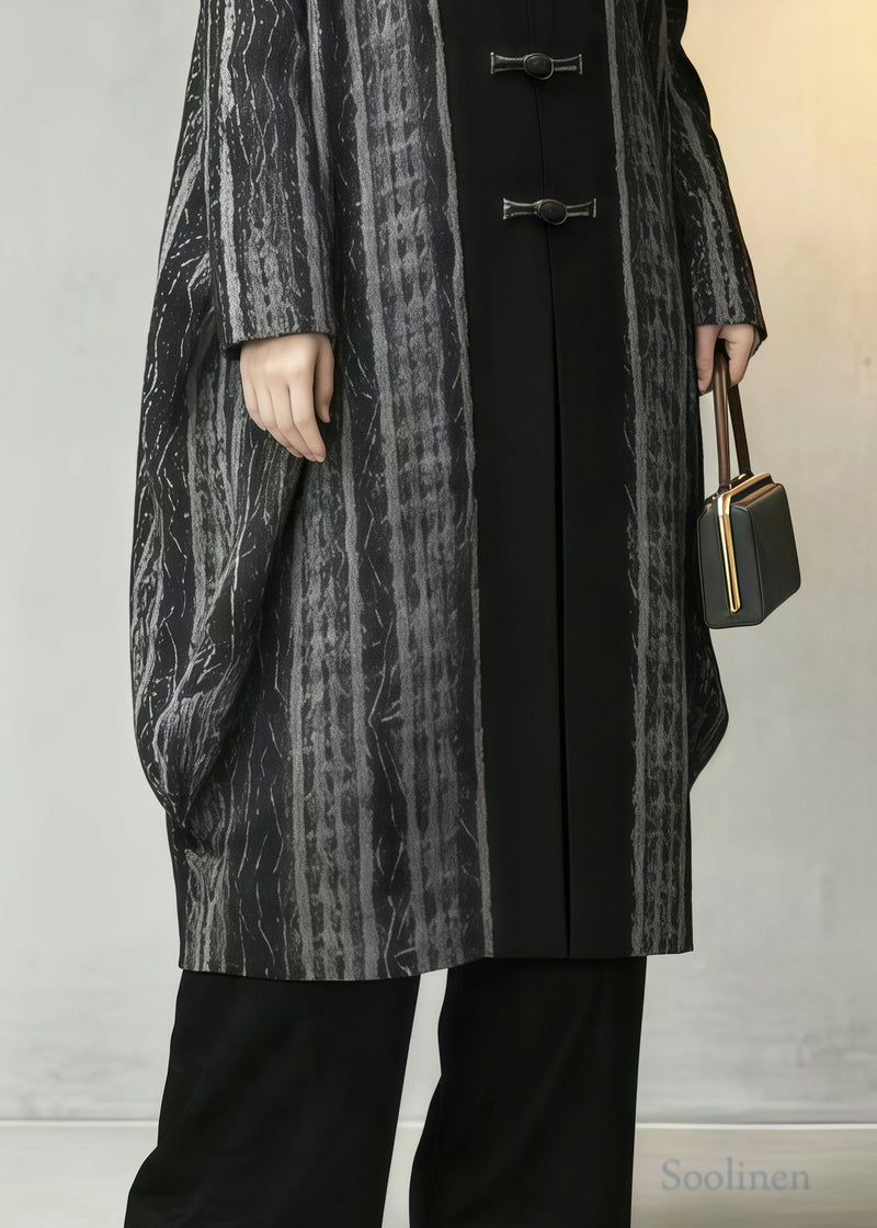 Grey Oversized Patchwork Chinese Button Cotton Coats Spring