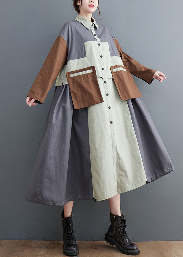 Grey Oversized Patchwork Cotton Shirt Dress Spring