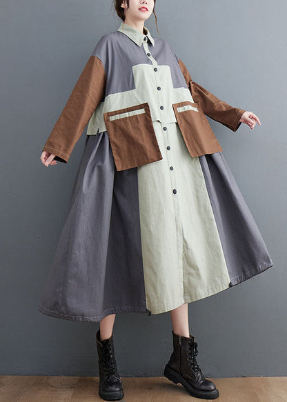 Grey Oversized Patchwork Cotton Shirt Dress Spring