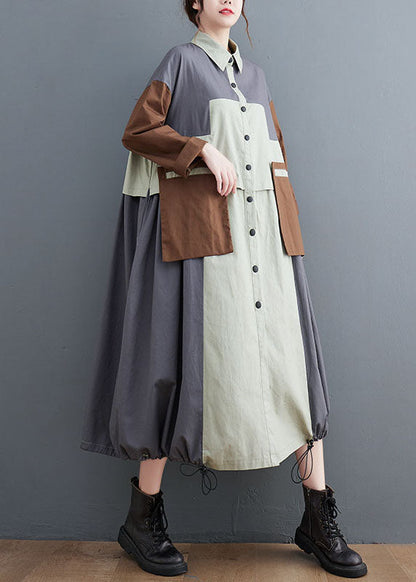 Grey Oversized Patchwork Cotton Shirt Dress Spring