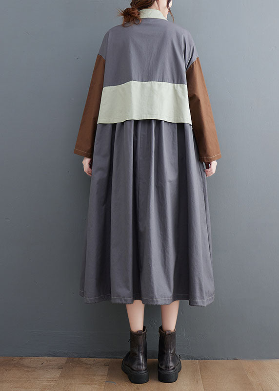 Grey Oversized Patchwork Cotton Shirt Dress Spring