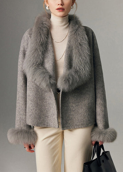 Grey Oversized Patchwork Fox Fur Wool Cardigan Winter