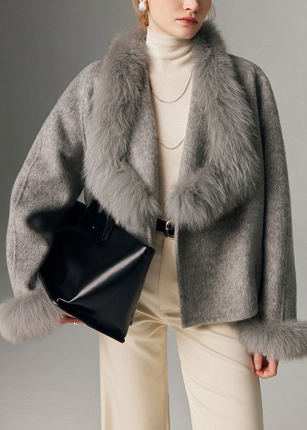 Grey Oversized Patchwork Fox Fur Wool Cardigan Winter