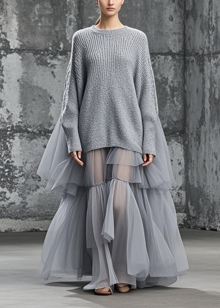 Grey Oversized Patchwork Tulle Sweater Dress Fall