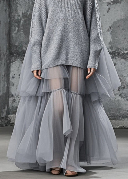Grey Oversized Patchwork Tulle Sweater Dress Fall