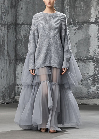 Grey Oversized Patchwork Tulle Sweater Dress Fall