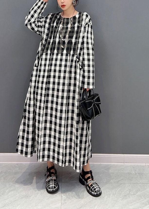 Grey Oversized Plaid Cotton Beach Dress Spring