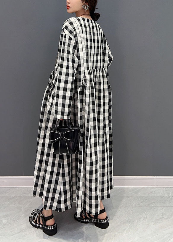 Grey Oversized Plaid Cotton Beach Dress Spring