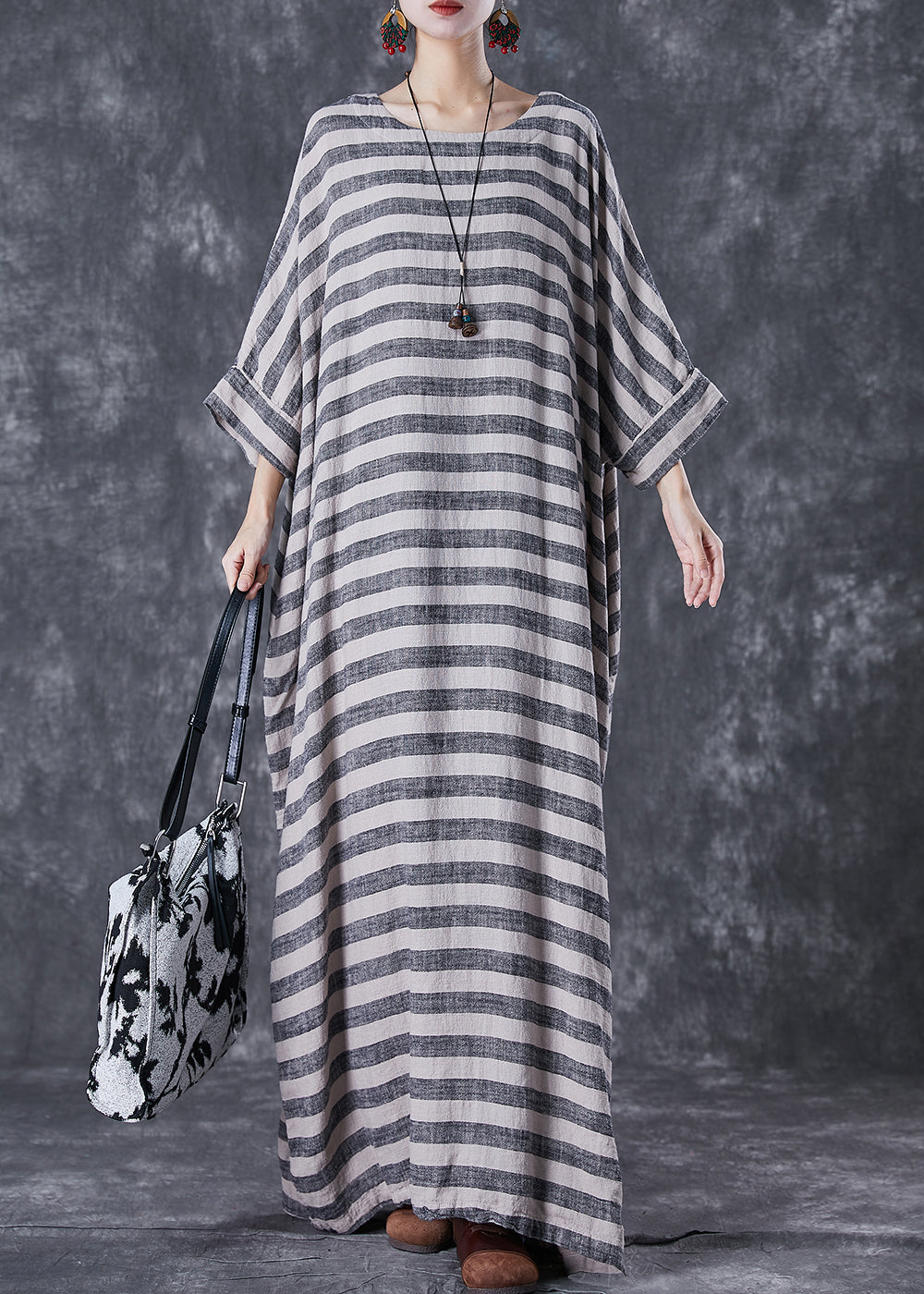 Grey Oversized Striped Linen Ankle Dress Gown Batwing Sleeve