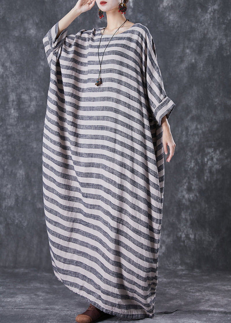 Grey Oversized Striped Linen Ankle Dress Gown Batwing Sleeve