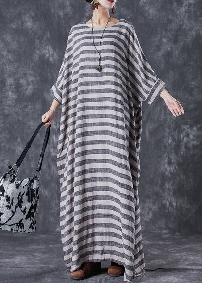 Grey Oversized Striped Linen Ankle Dress Gown Batwing Sleeve