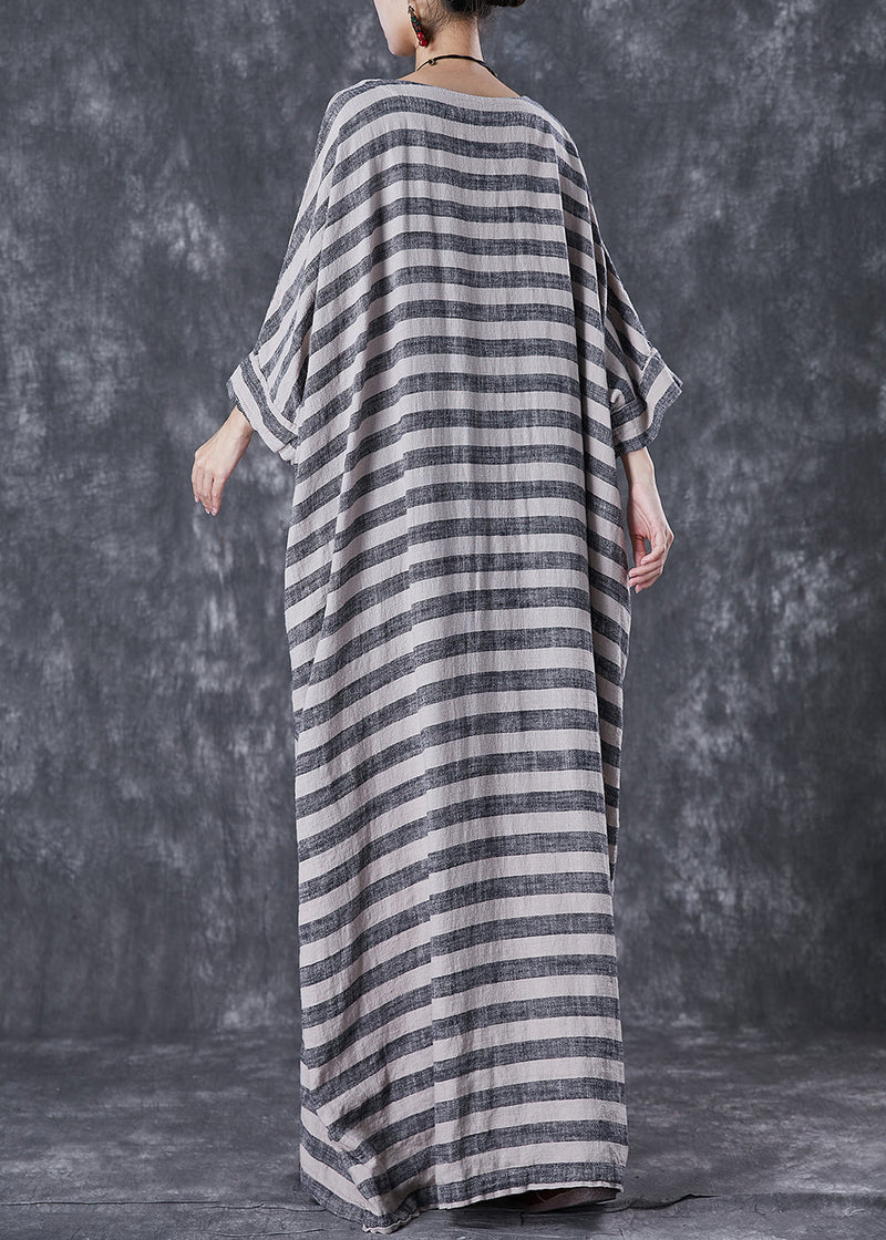 Grey Oversized Striped Linen Ankle Dress Gown Batwing Sleeve